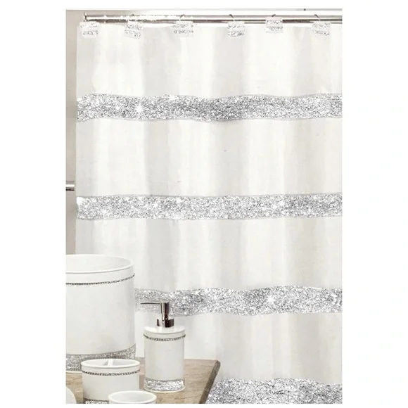 White Diamonds Shower Curtain Fabric Sparkling Rhinestones 72” x 72” White - Picture 4 of 14